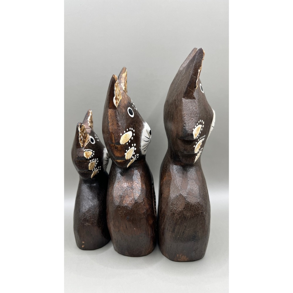 Trio of Brown Wooden Carved Standing Kitty Cat Folk Art Figurines Boho Vtg - Picture 6 of 10